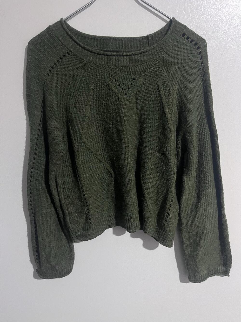 A.n.a Sweater Womens M Green Cable-Knit Crew Neck Pullover Lightweight Stretch